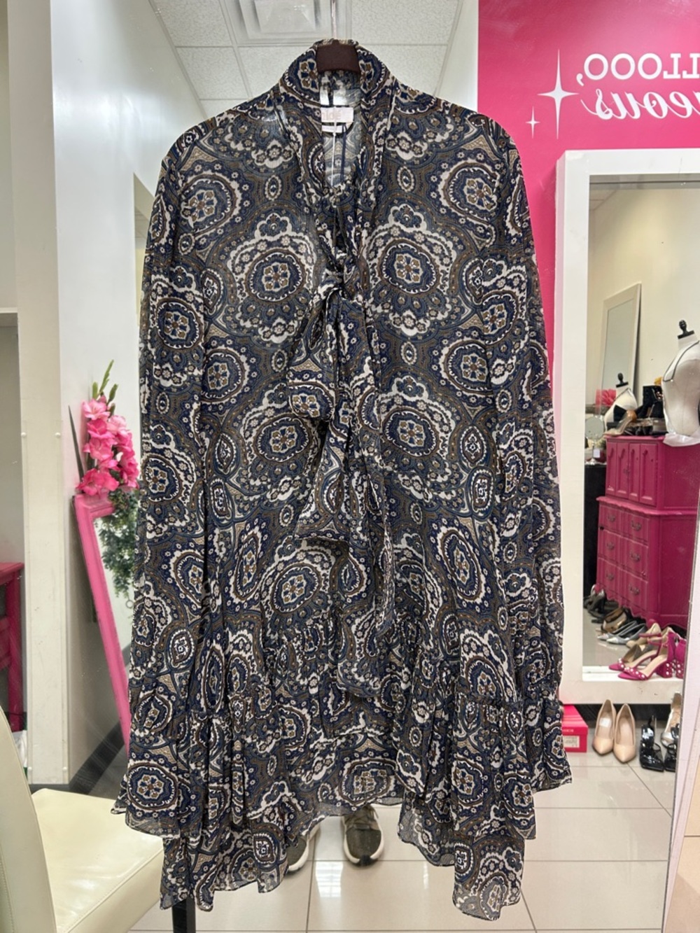 CHLOE Navy Paisley Ruffle Tie-Neck silk Chiffon Blouse